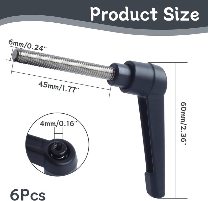 Begino Clamping Lever Handles with Quick Release Push Button Locking, 304 Stainless Steel M6 x 45mm Stud - Black (6 Pack) - Image 2